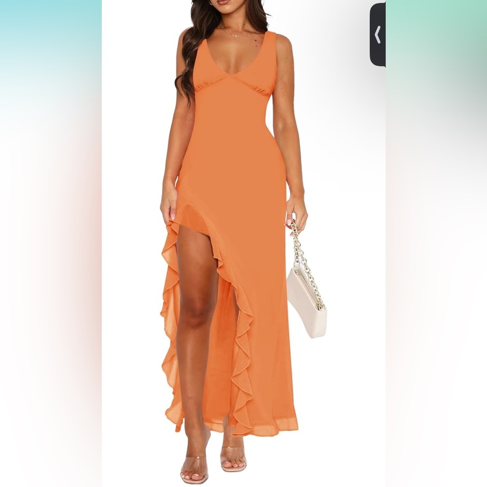 Elegant Orange Ruffle Hem Dress